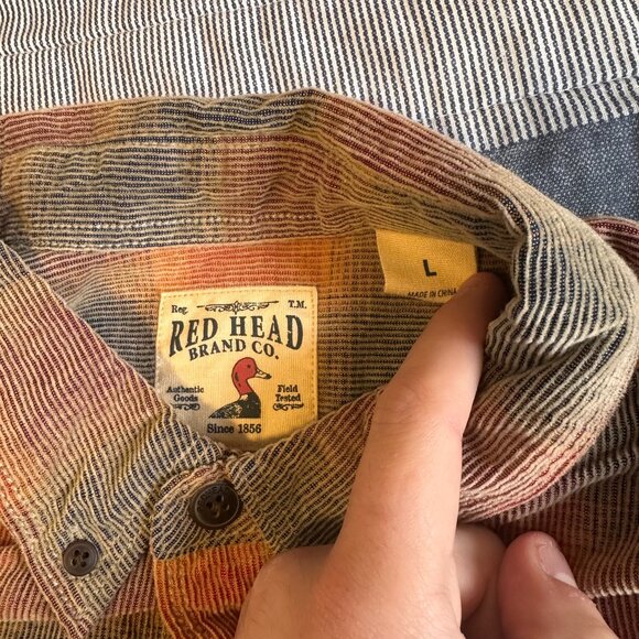 Red Head Casual Button Down Mens Large Orange Plaid Distressed Flannel Shirt - Picture 3 of 7